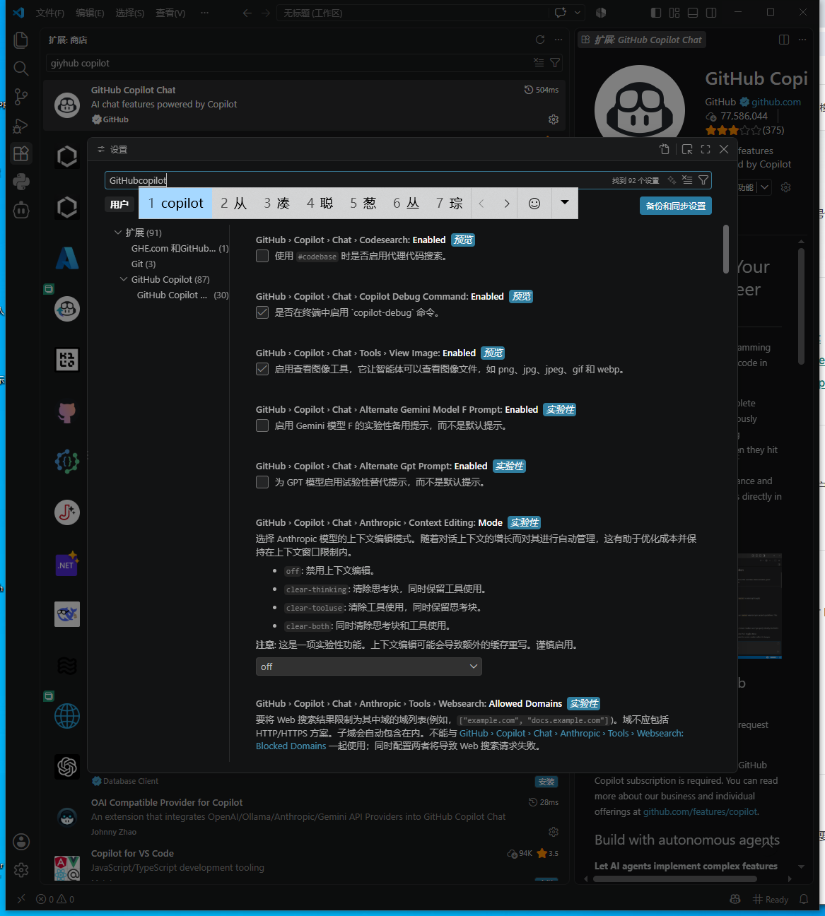 VS Code 中的 GitHub Copilot 设置真实截图